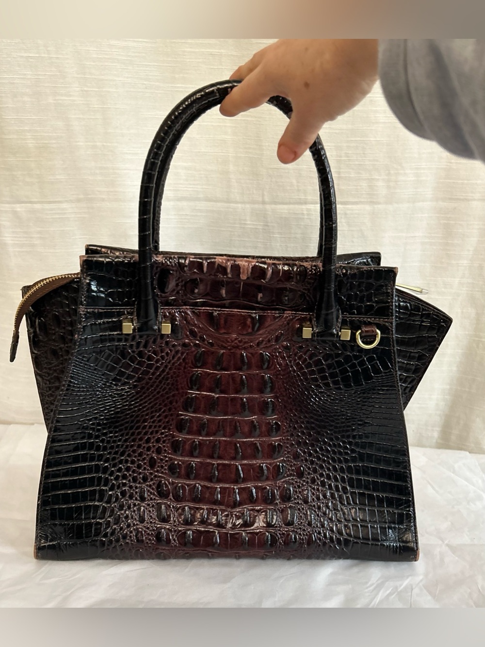 Brahmin Priscilla Classic Dark Brown Croc-Embossed Structured Satchel Handbag - Picture 6 of 16